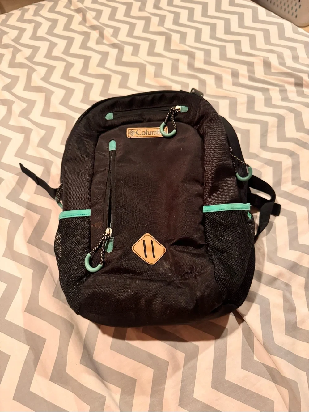 Columbia Black Backpack with Teal Trim and Leather Accent